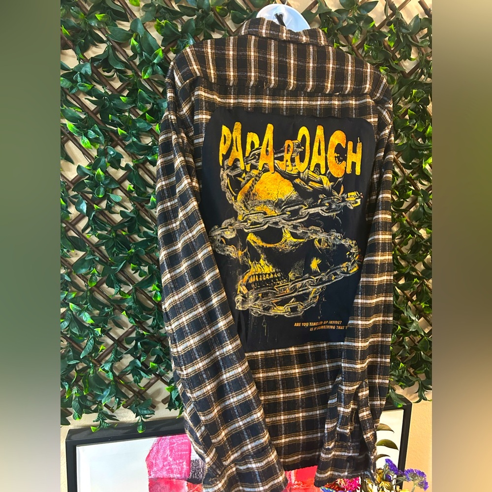 UPCYCLED one of a kind, PAPA ROACH Rocker Music Patch Button Down Shirt